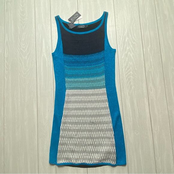 MAGASCHONI WOMEN'S TEAL, BLACK, WHITE SPARKLE MINI SHEATH DRESS SIZE MEDIUM NEW - Picture 1 of 7